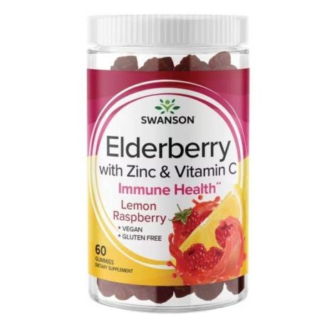 Бъз с цинк и Витамин С /  Elderberry Gummies with Zinc & Vitamin C Swanson – 60 дъвчащи таблетки с вкус на лимон и малина