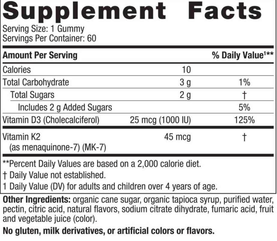Витамин D3 + K2 / Vitamin D3 1000 IU + K2 Nordic Naturals - 60 желирани бонбона съдържание 1 - MagHerbs.com