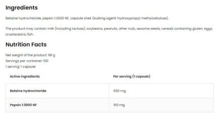 Бетаин HCl + пепсин / Betaine HCl + Pepsin OstroVit - 100 капсули съдържание 1 - MagHerbs.com