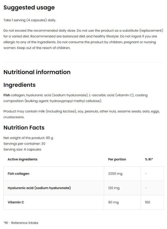 Морски колаген + хиалуронова киселина и витамин С / Marine Collagen + Hyaluronic Acid and Vitamin C OstroVit - 120 капсули съдържание 1 - MagHerbs.com