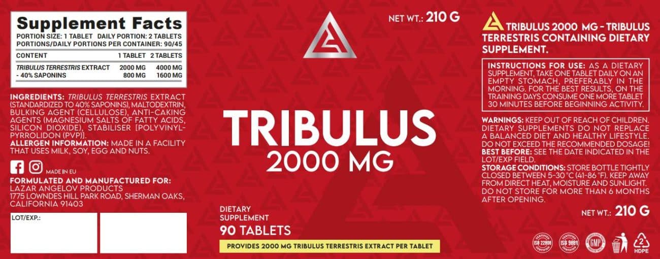 Трибулус терестрис мега доза / Tribulus 2000 mg Mega Dose Tribulus Terrestris Extract Lazar Angelov Nutrition - 90 Таблетки съдържание 1 - MagHerbs.com