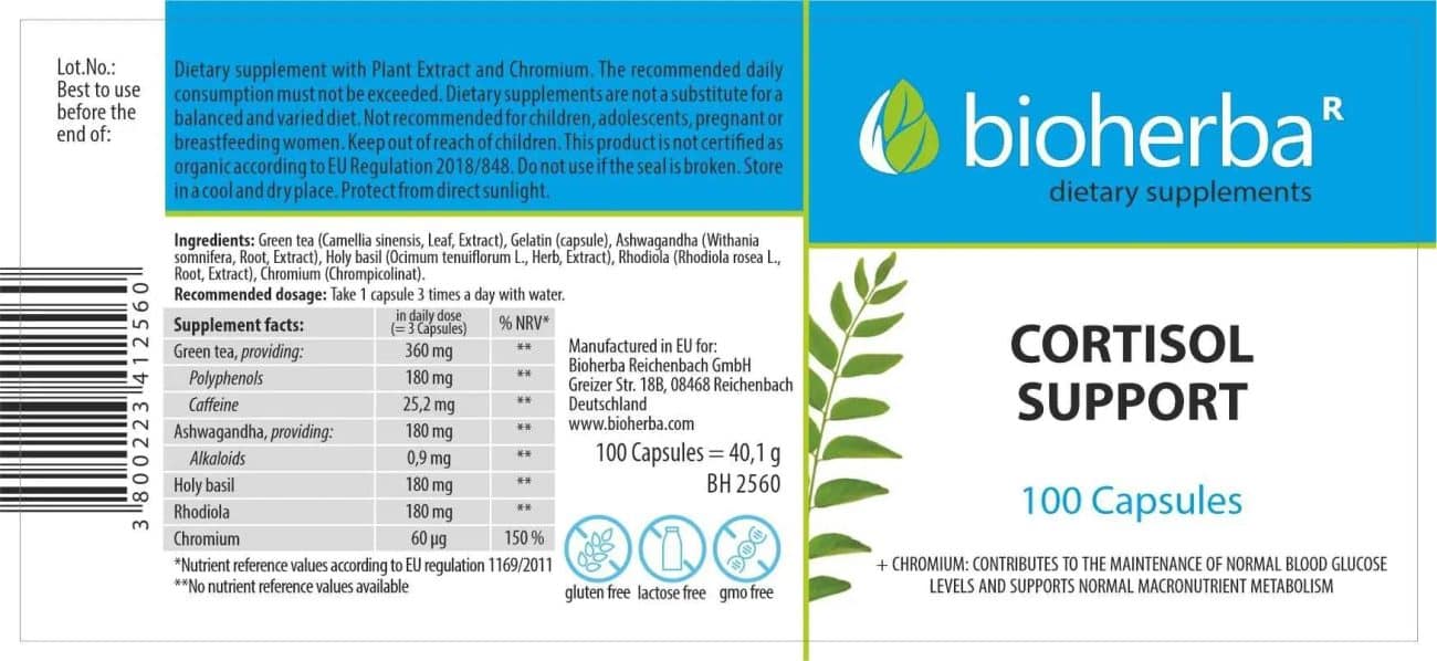 Поддръжка на кортизол / Cortisol Support Bioherba - 100 капсули съдържание 1 - MagHerbs.com