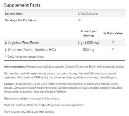Аргинин и Орнитин / Arginine & Ornithine 500/250 mg NOW Foods - 250 капсули съдържание 1 - MagHerbs.com