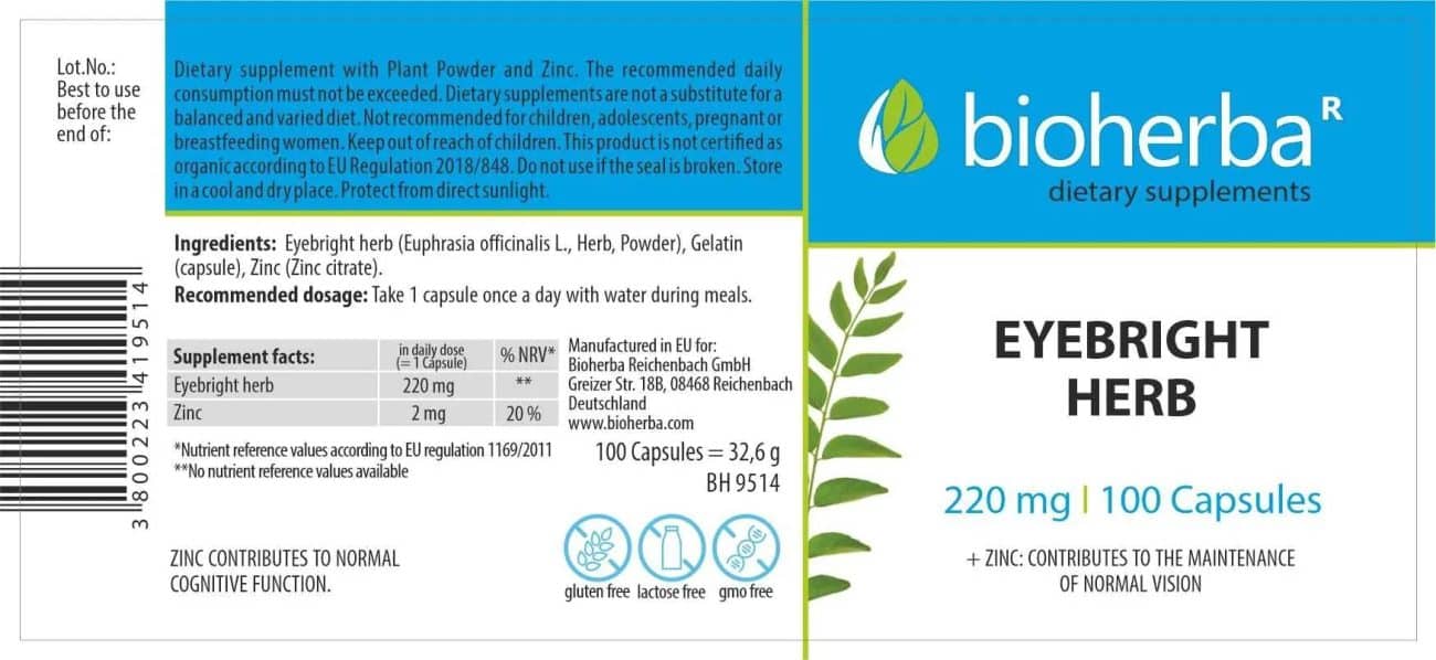 Очанка / Eyebright Herb 220 mg Bioherba - 100 капсули съдържание 1 - MagHerbs.com