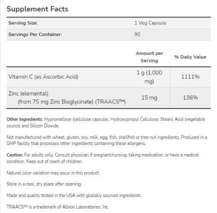 Витамин C с Цинк / C-1000 Zinc Immune NOW Foods - 180 капсули съдържание 1 - MagHerbs.com