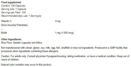 Биотин / Biotin 1000 mcg NOW Foods - 100 капсули съдържание 1 - MagHerbs.com