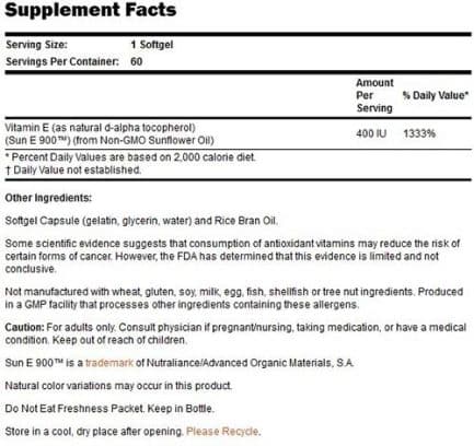 Витамин Е / Vitamin Е Sun-E 400 IU NOW Foods - 60 Гел капсули съдържание 1 - MagHerbs.com