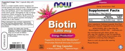 Биотин / Biotin 5000 mcg NOW Foods - 60 капсули съдържание 1 - MagHerbs.com
