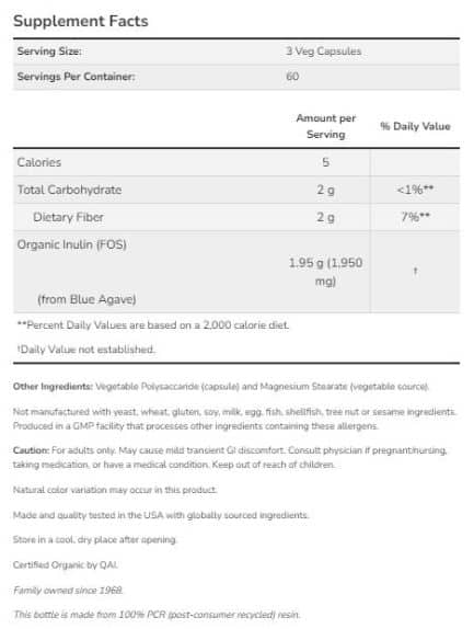 Пребиотик Инулин / Prebiotic Inulin Fiber FOS NOW Foods - 180 капсули съдържание 1 - MagHerbs.com