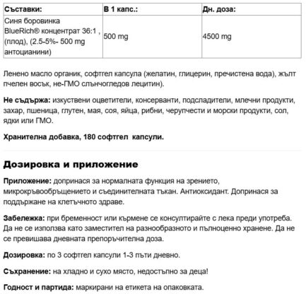 Синя боровинка супер концентрат / BlueRich® Blueberry Concentrate 36:1 500 mg Natural Factors - 180 софтгел капсули съдържание 1 - MagHerbs.com