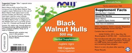 Black Wallnut Hulls 500 mg NOW Foods 100 капсули етикет