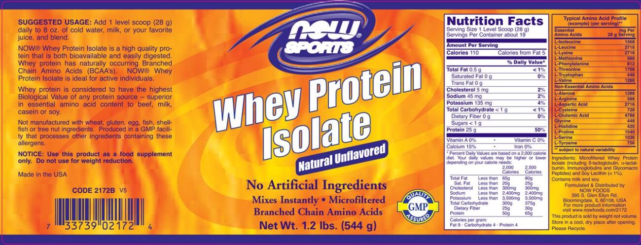 Whey Protein Isolate /Unflavored/ NOW Foods 544 грама етикет