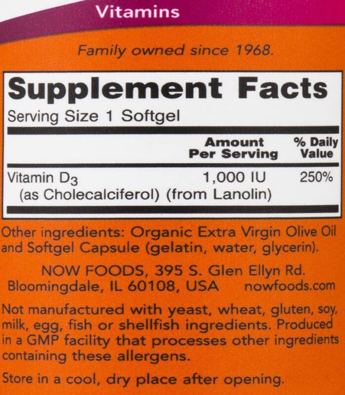 Vitamin D-3 1000 IU NOW Foods 360 Гел капсули етикет